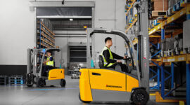 The new Jungheinrich EFG M Series electric counterbalance forklift in operation.